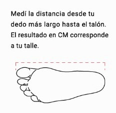 Medí la distancia desde tu dedo más largo hasta el talón. El resultado en CM corresponde a tu talle.